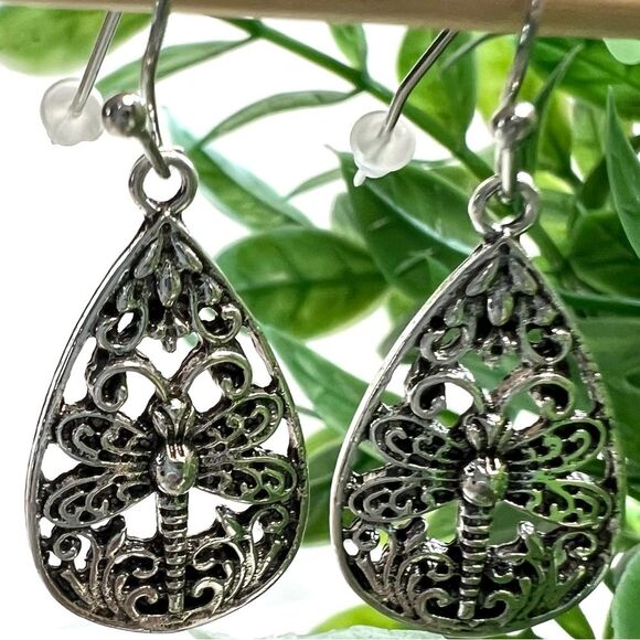 Silver Tone Dragonfly Pierced Teardrop Dangle Earrings - Picture 2 of 11
